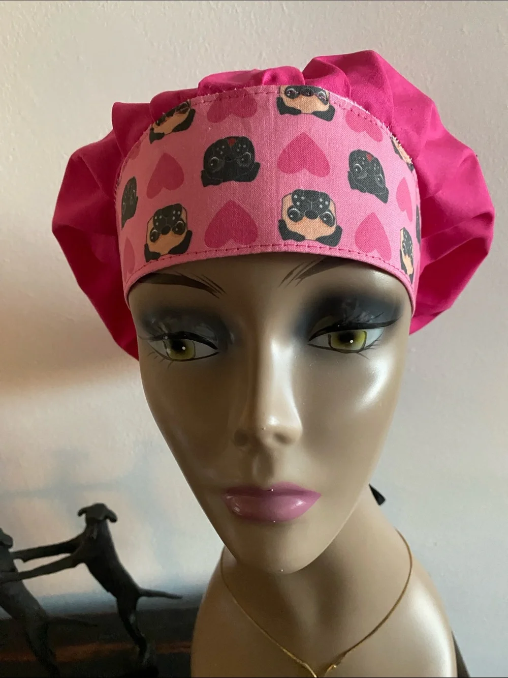 Pink Pug  bouffant medical scrub hat with adjustable toggle